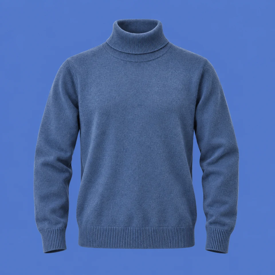 dusty blue fine-knit turtleneck sweater, shown as if worn