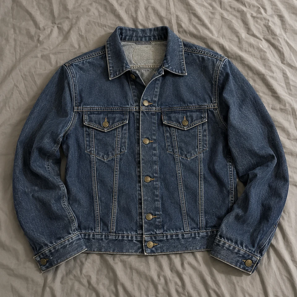 indigo denim jacket with brass buttons and two chest pockets, laid flat on a bed