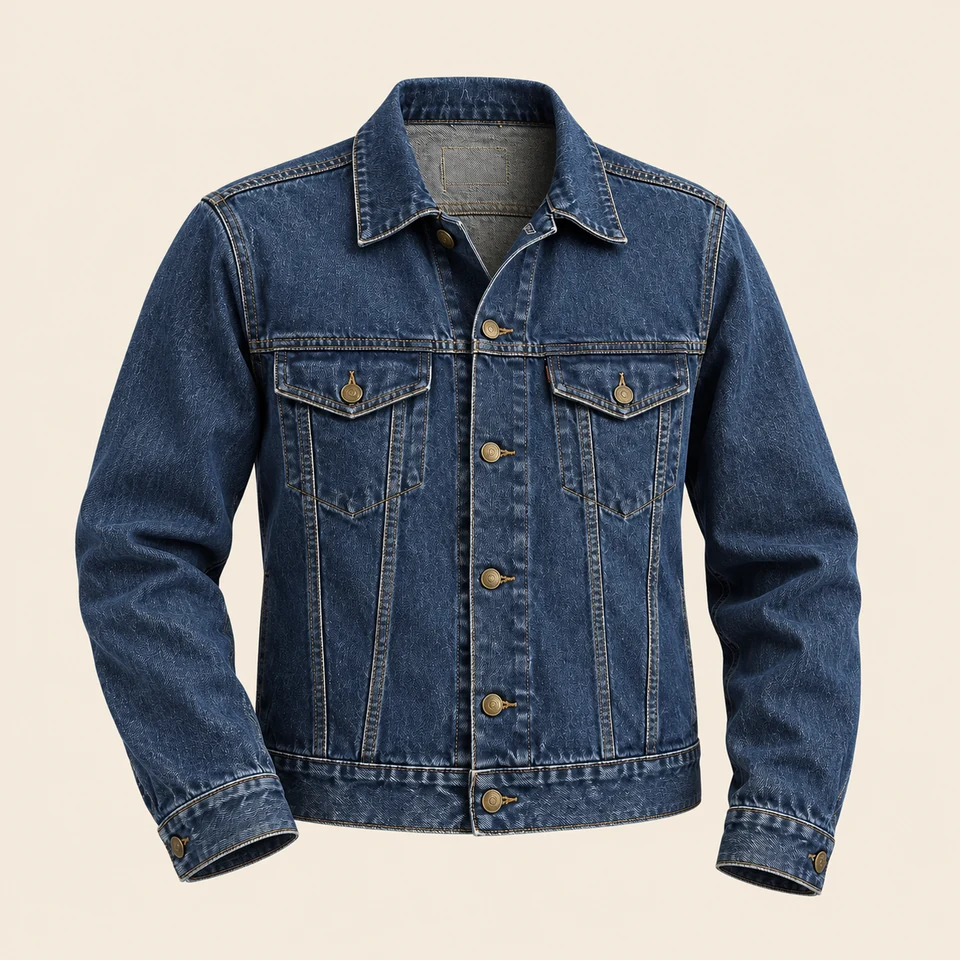 indigo denim jacket with brass buttons and two chest pockets, shown as if worn
