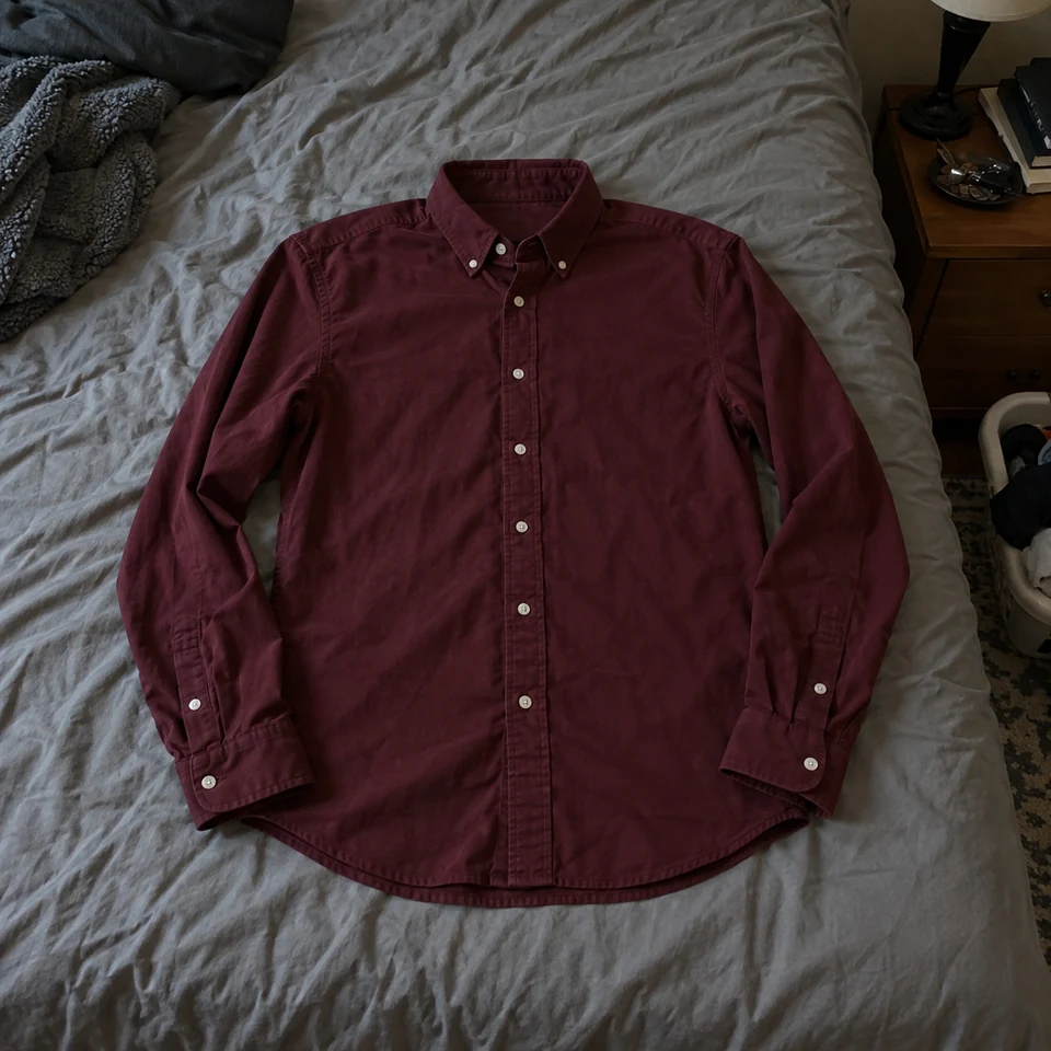 deep burgundy Oxford long-sleeve button-down shirt with seven buttons, laid flat on a bed