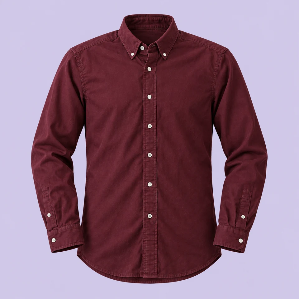 deep burgundy Oxford long-sleeve button-down shirt with seven buttons, shown as if worn