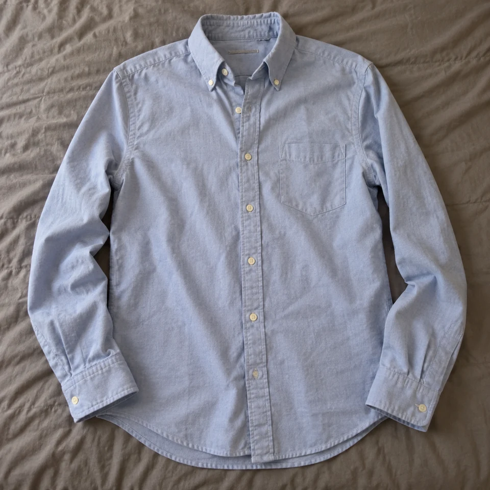 pale-blue Oxford long-sleeve button-down shirt, laid flat on a bed