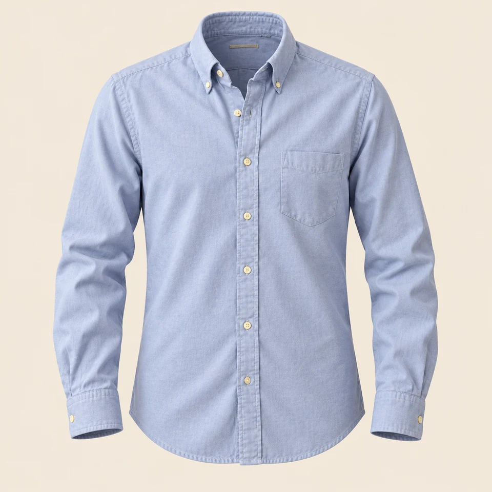pale-blue Oxford long-sleeve button-down shirt, shown as if worn