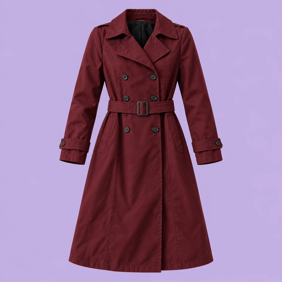 deep burgundy double-breasted trench coat with belt and six front buttons, shown as if worn