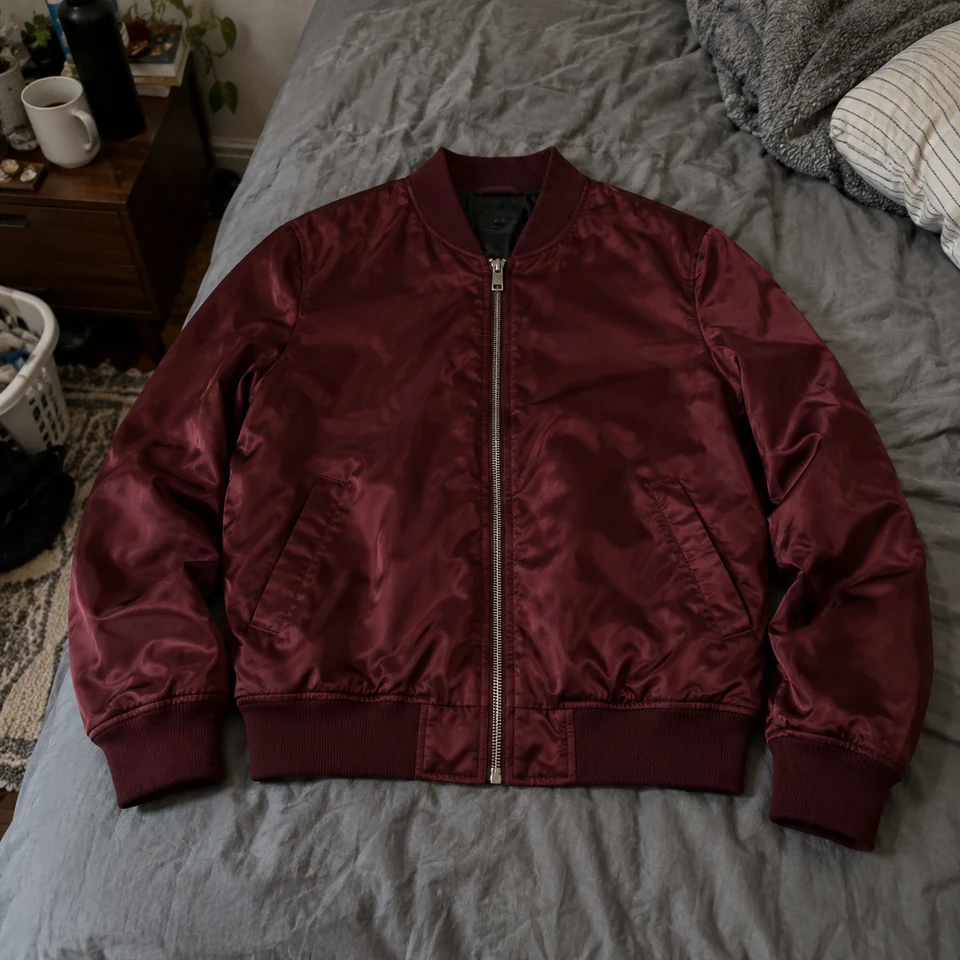deep burgundy satin bomber jacket with front zipper and ribbed cuffs, laid flat on a bed