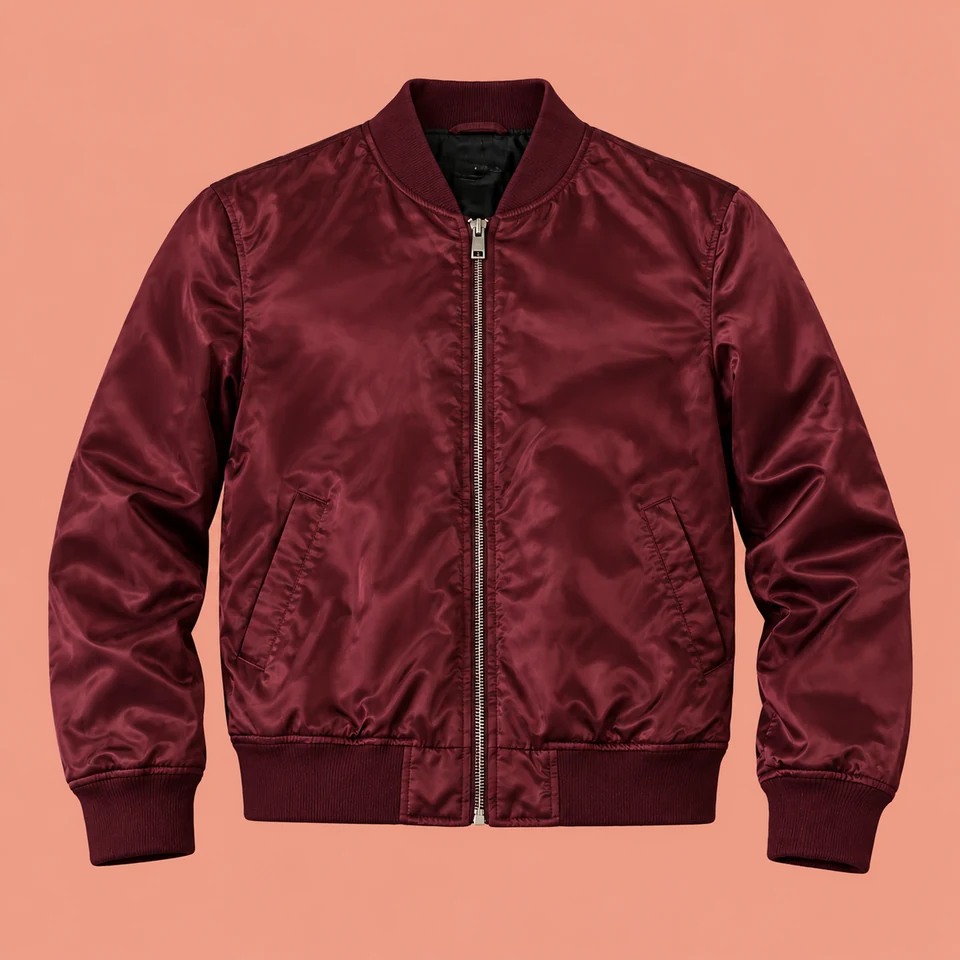 deep burgundy satin bomber jacket with front zipper and ribbed cuffs, shown as if worn