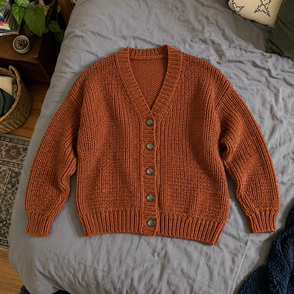 rust-orange chunky knit cardigan with five brown buttons, laid flat on a bed