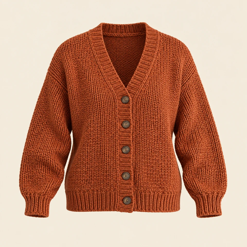 rust-orange chunky knit cardigan with five brown buttons, shown as if worn