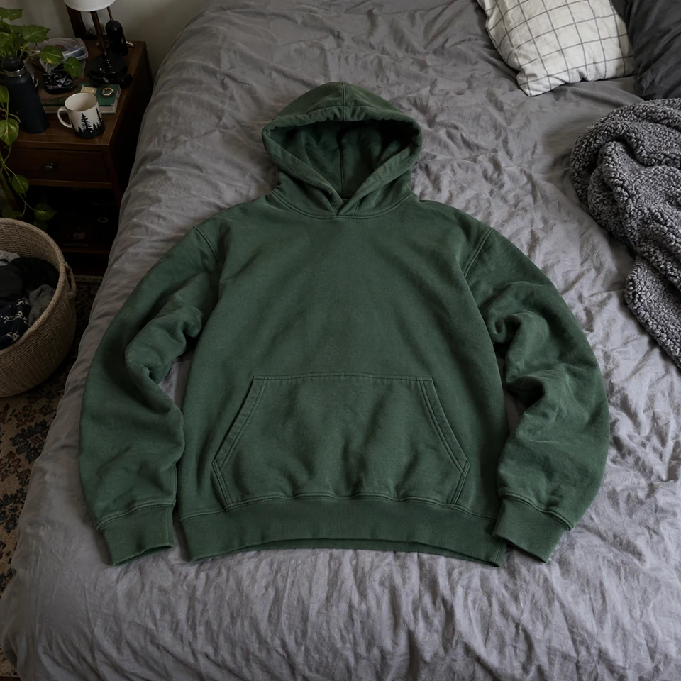 soft forest green pullover hoodie with kangaroo pocket, laid flat on a bed