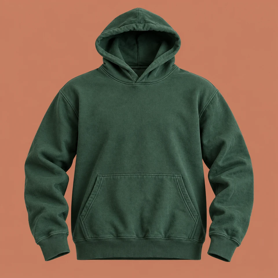 soft forest green pullover hoodie with kangaroo pocket, shown as if worn