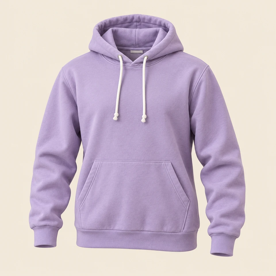plain lavender pullover hoodie with kangaroo pocket and white drawstrings, shown as if worn