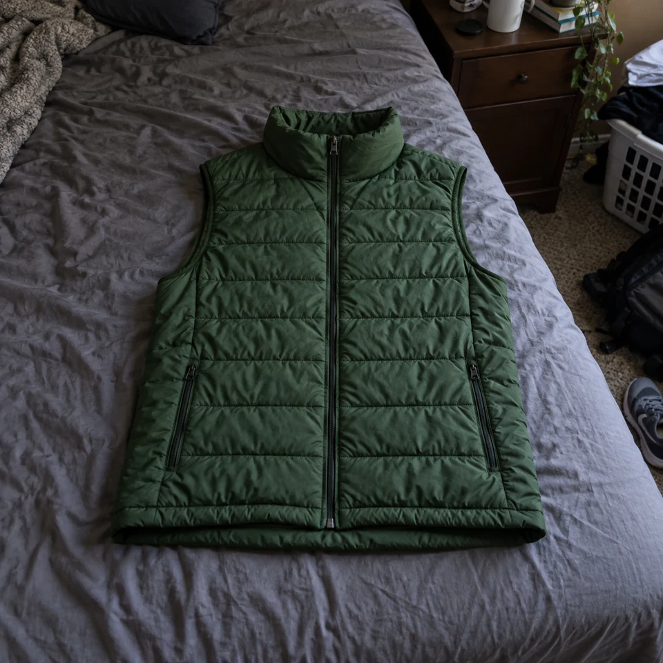 soft forest green quilted sleeveless vest with front zipper, laid flat on a bed