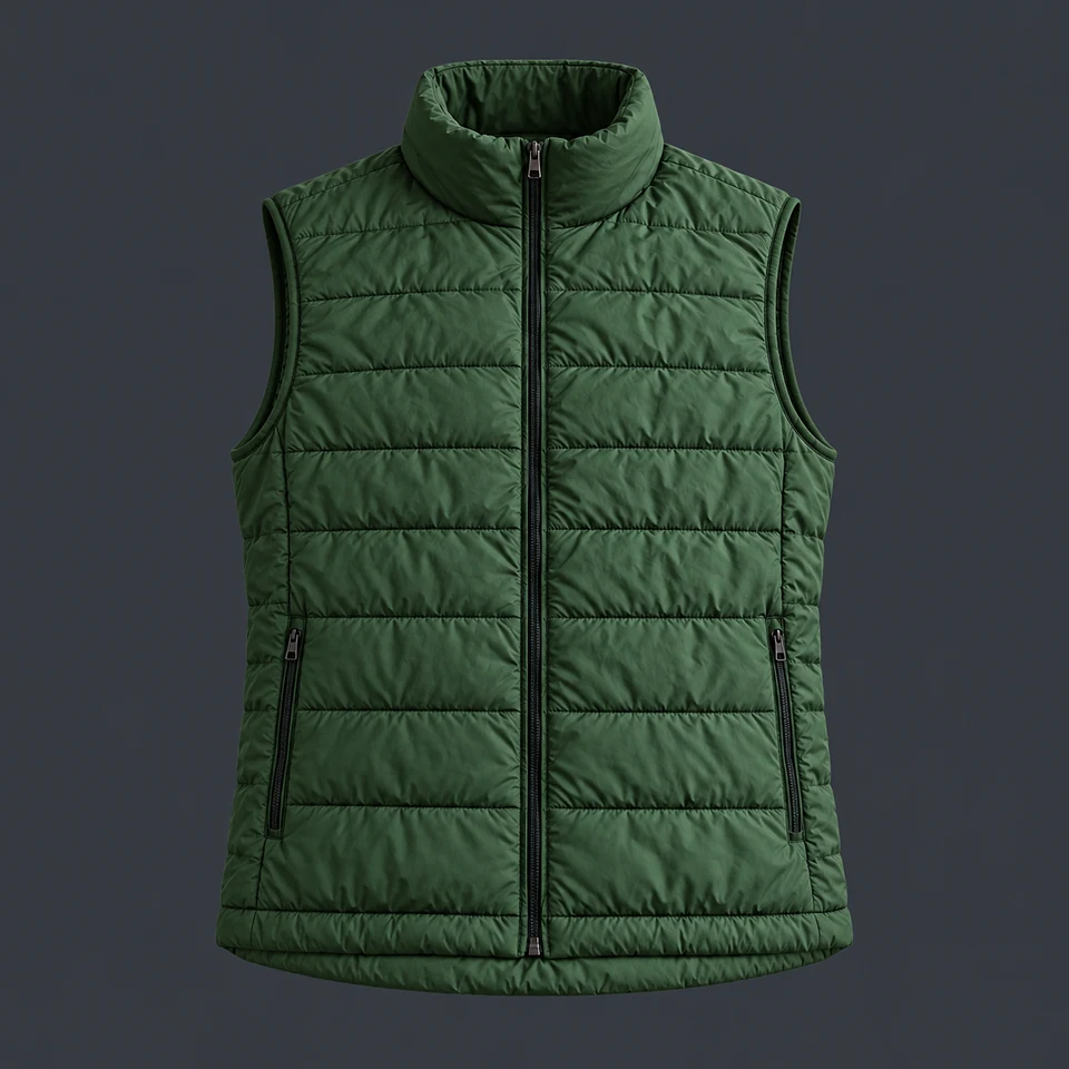 soft forest green quilted sleeveless vest with front zipper, shown as if worn