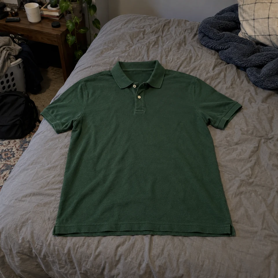 soft forest green short-sleeve polo shirt with two buttons, laid flat on a bed