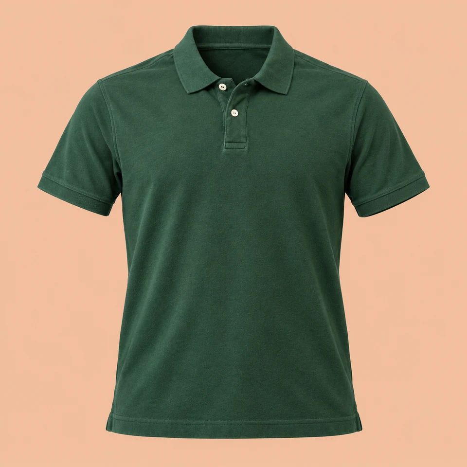soft forest green short-sleeve polo shirt with two buttons, shown as if worn