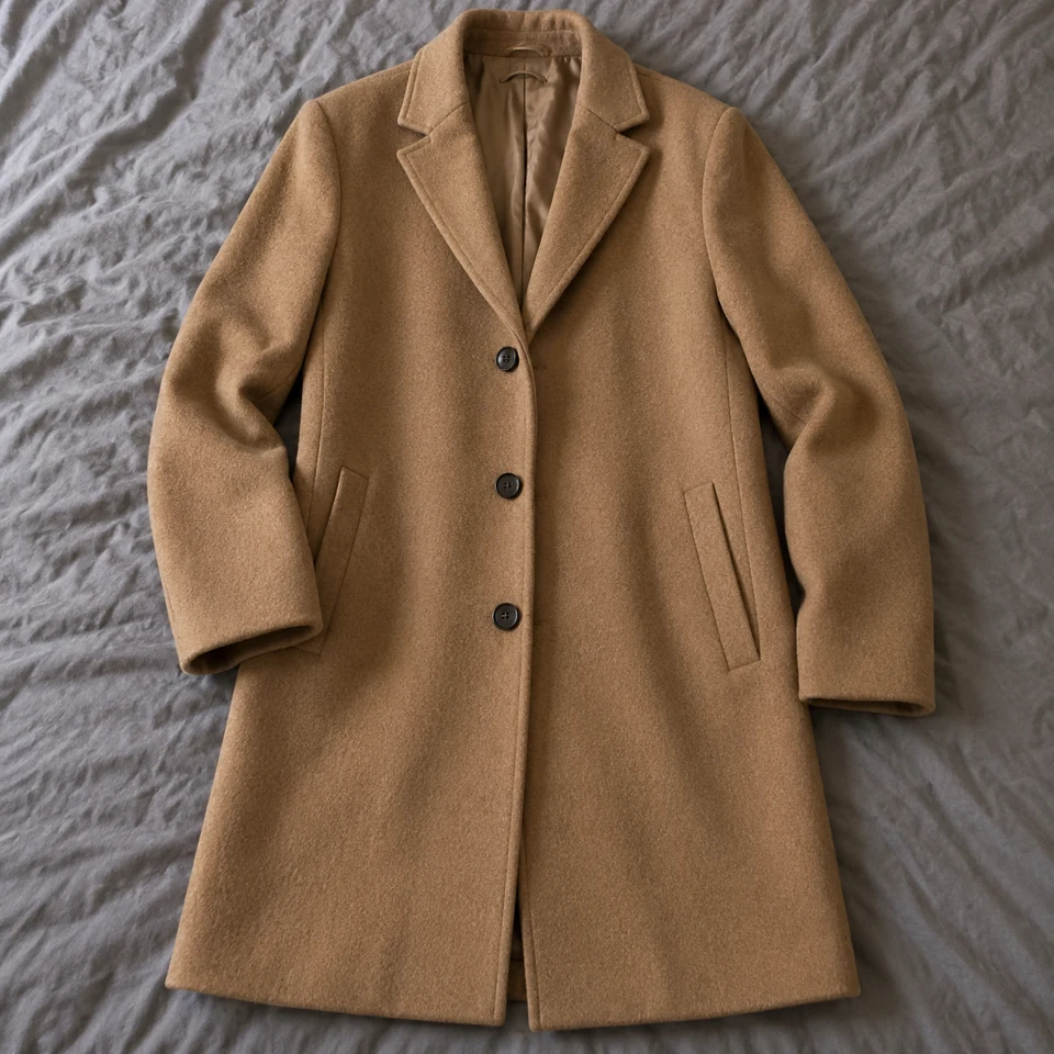 camel wool knee-length coat with notch lapels and dark buttons, laid flat on a bed