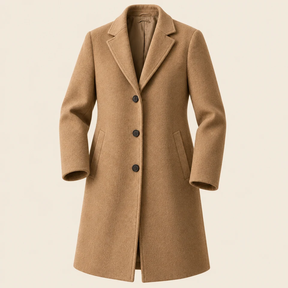 camel wool knee-length coat with notch lapels and dark buttons, shown as if worn