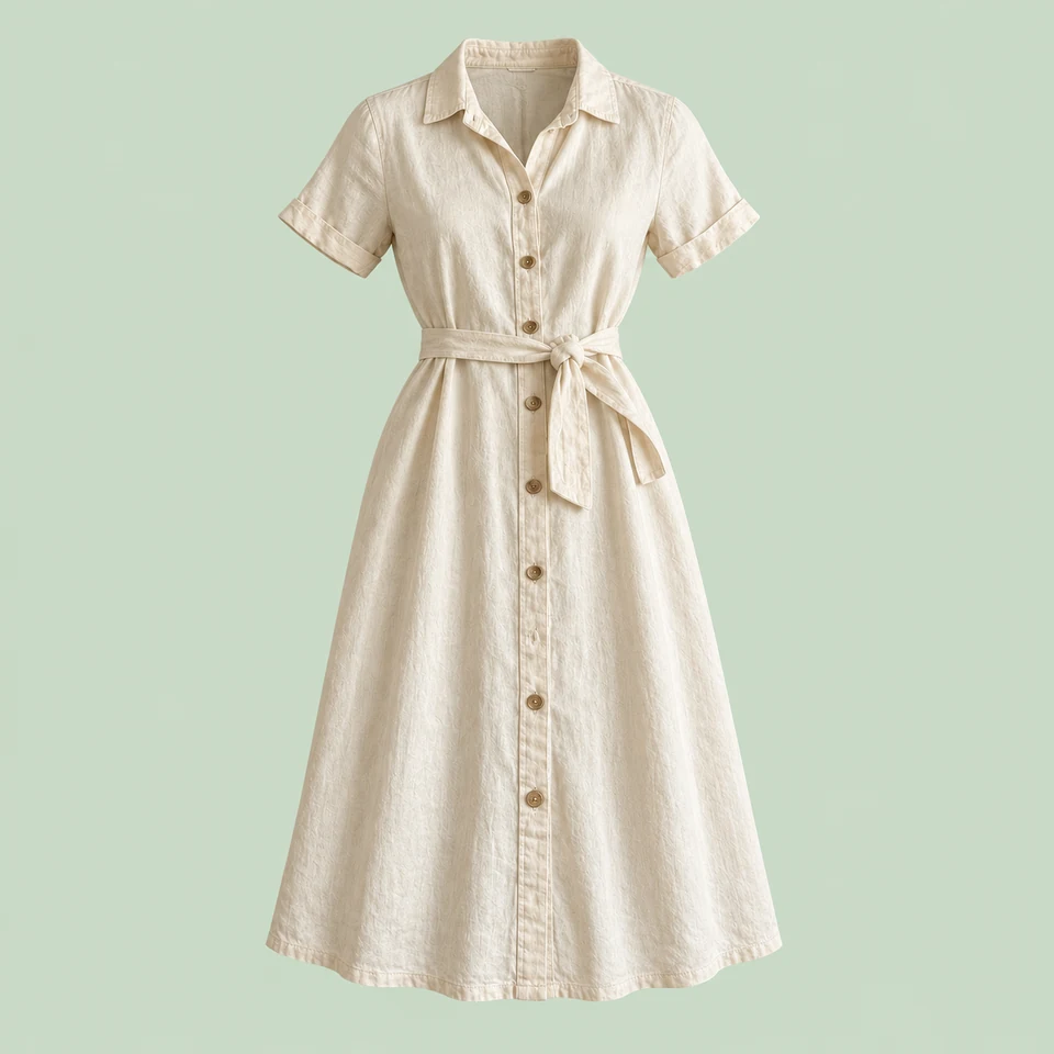 warm ivory linen midi dress with short sleeves and fabric belt, shown as if worn