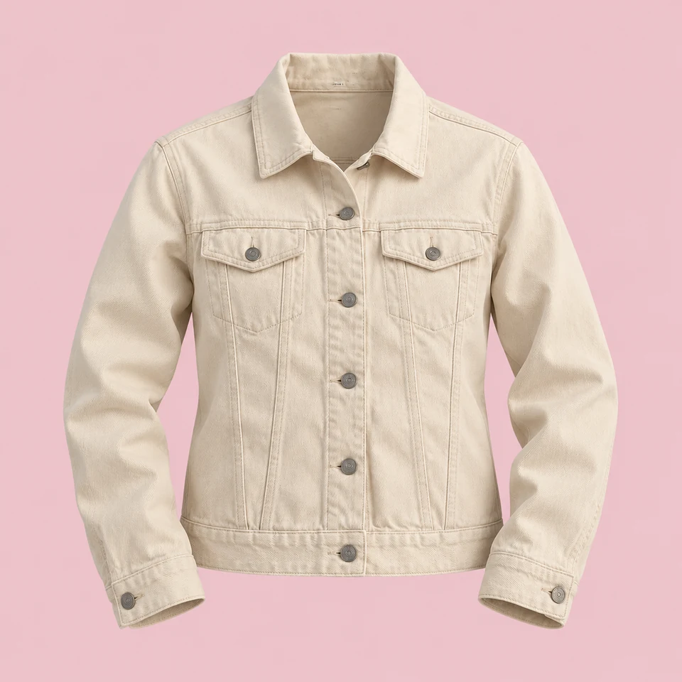 warm ivory denim jacket with six buttons and two chest pockets, shown as if worn