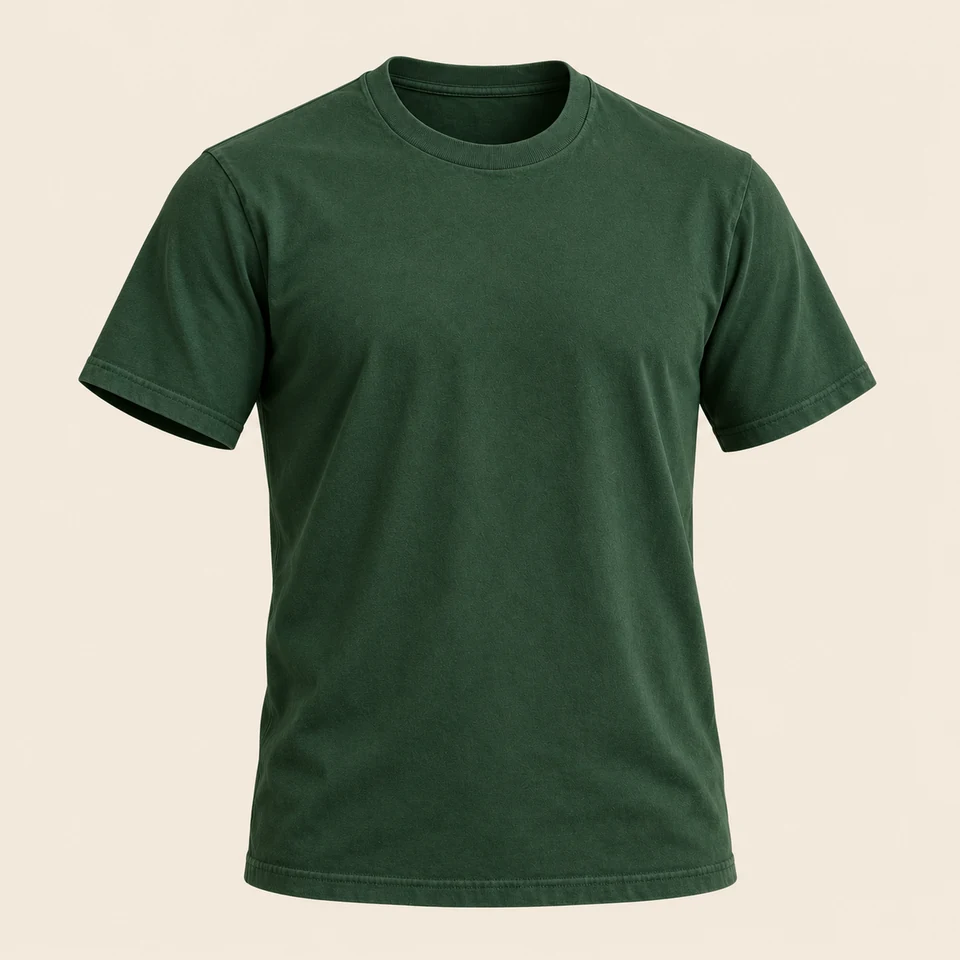 forest-green plain cotton crewneck short-sleeve T-shirt, shown as if worn