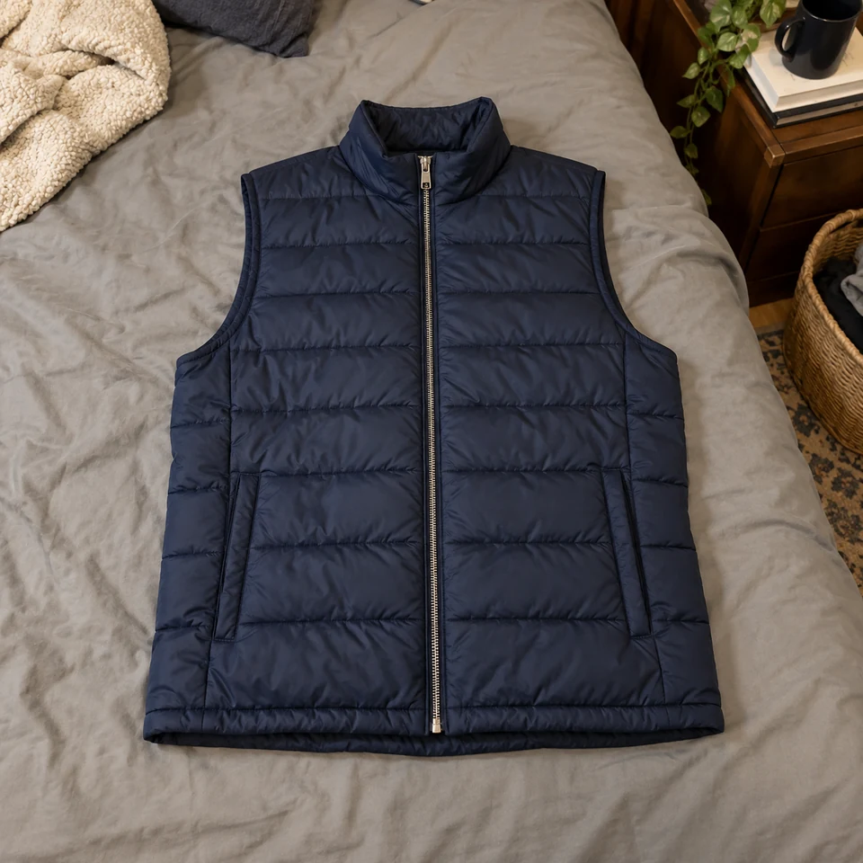 navy quilted sleeveless puffer vest with silver front zipper, laid flat on a bed