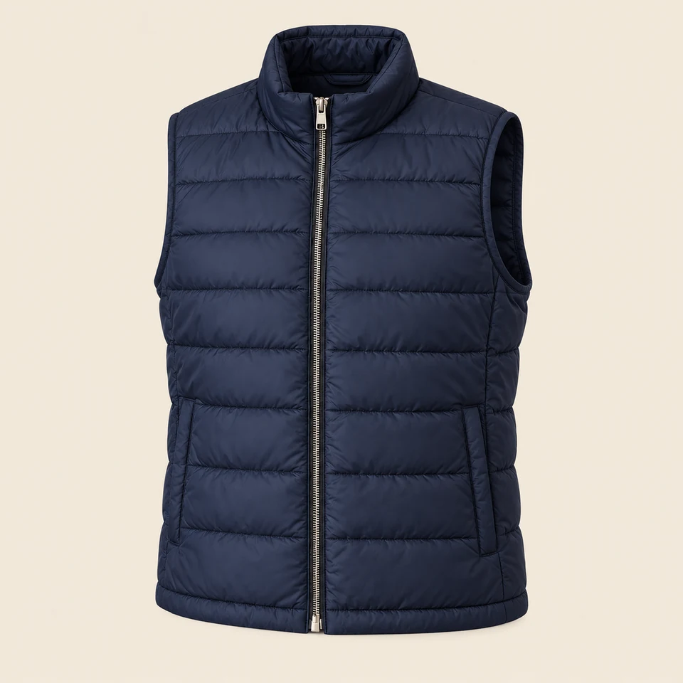 navy quilted sleeveless puffer vest with silver front zipper, shown as if worn