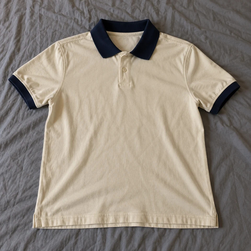 cream short-sleeve polo shirt with navy collar and two buttons, laid flat on a bed