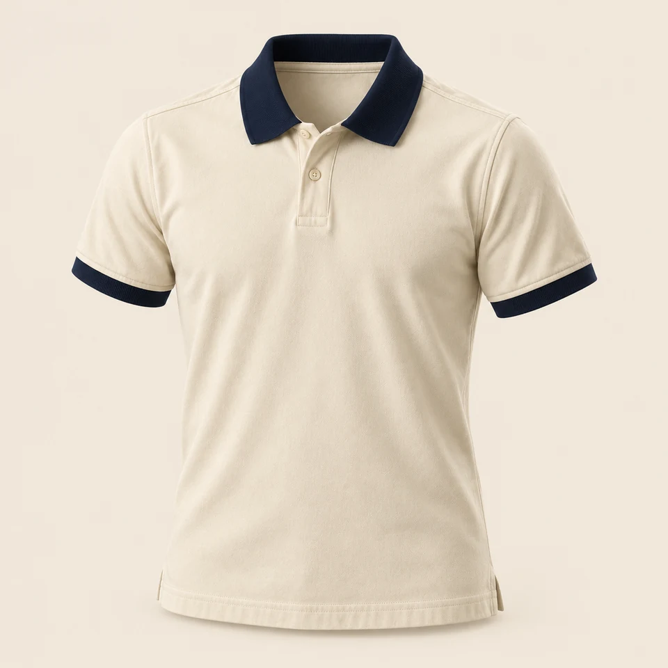 cream short-sleeve polo shirt with navy collar and two buttons, shown as if worn