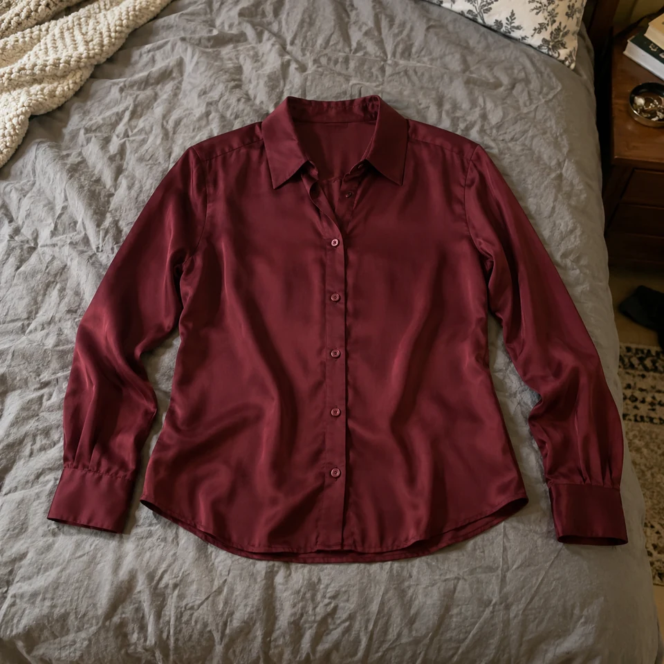 wine-red silk long-sleeve blouse with a small pointed collar, laid flat on a bed
