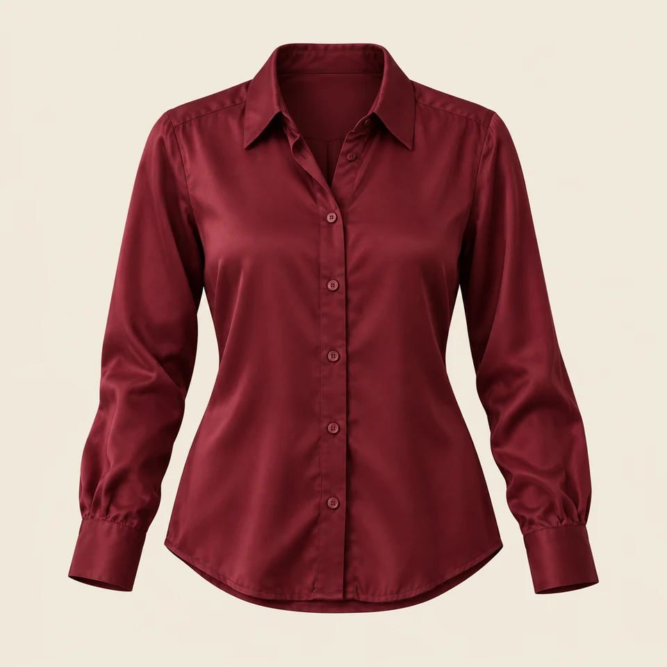wine-red silk long-sleeve blouse with a small pointed collar, shown as if worn
