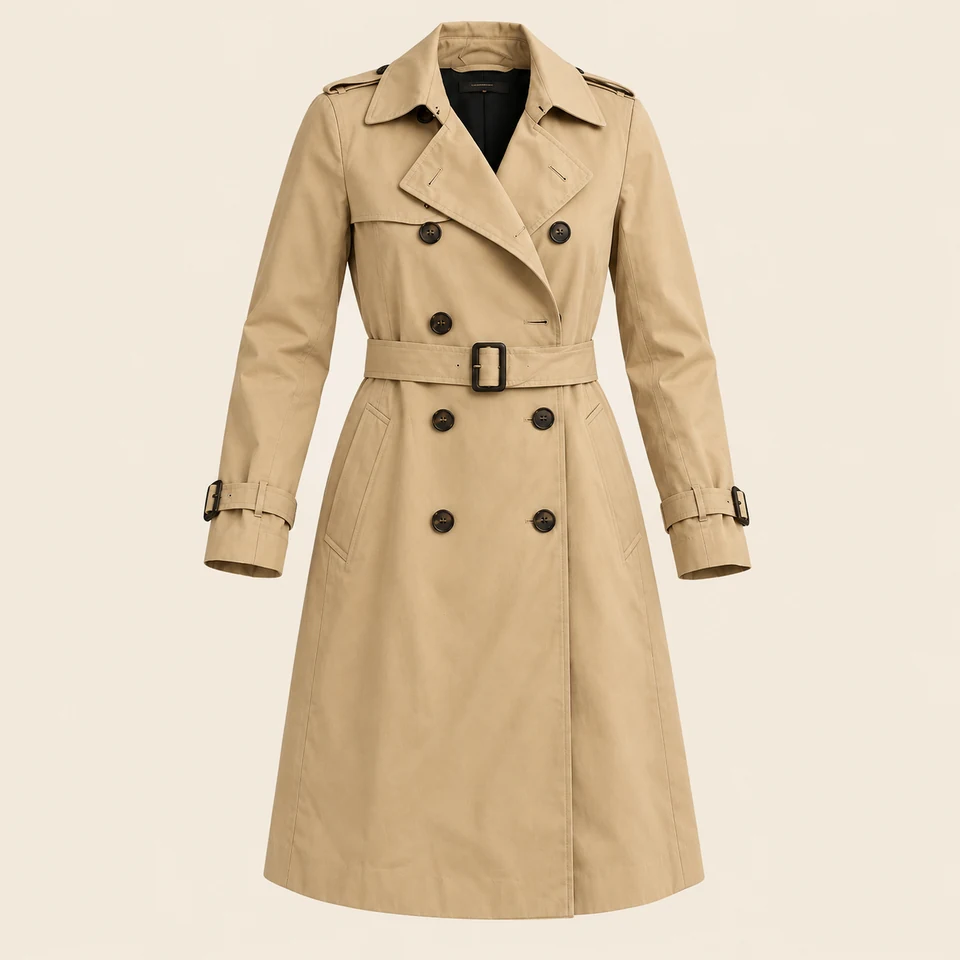 beige double-breasted trench coat with belt and dark buttons, shown as if worn