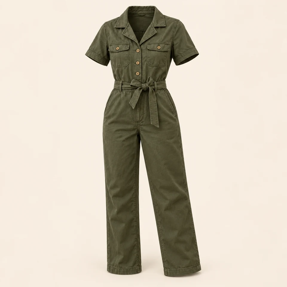 dark olive utility jumpsuit with short sleeves, buttons and belt, shown as if worn
