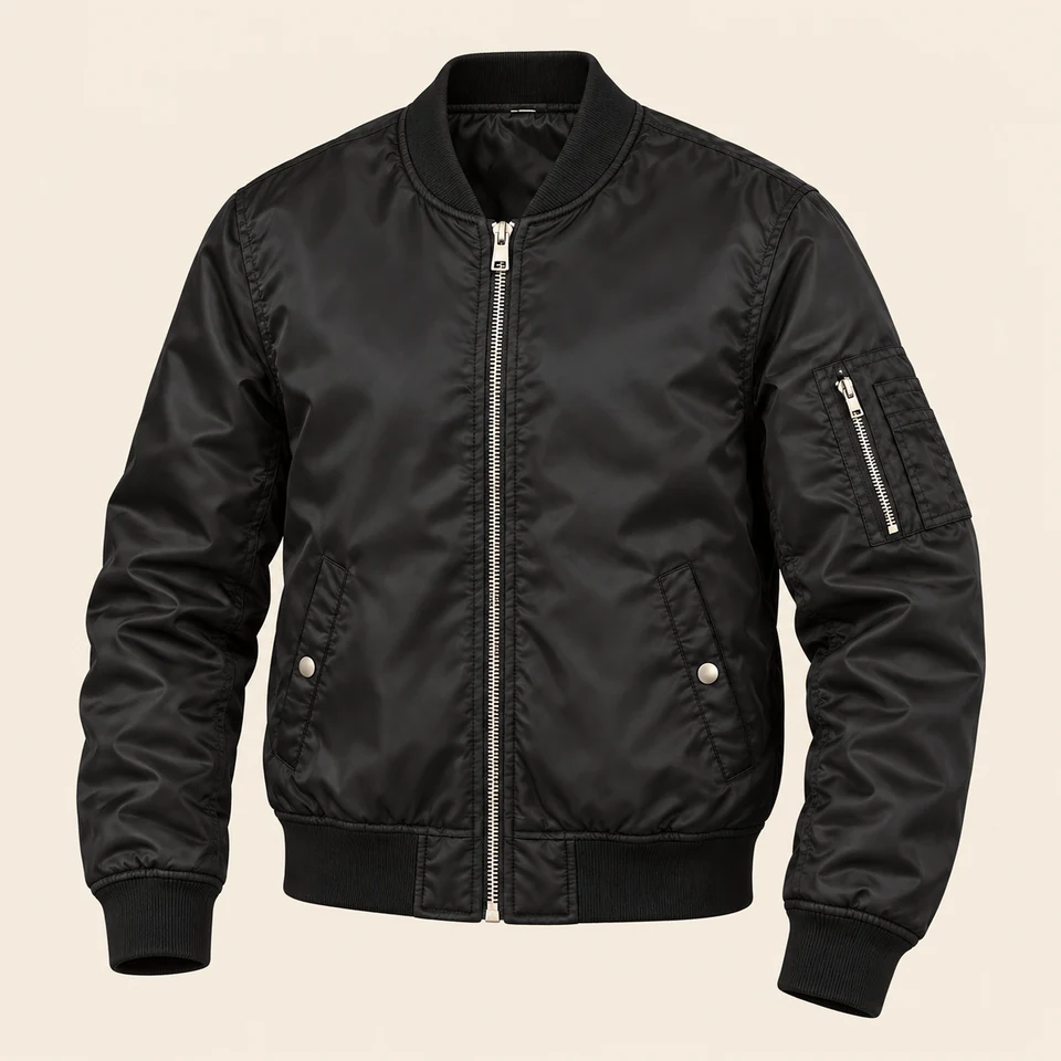 black satin bomber jacket with ribbed cuffs and front silver zipper, shown as if worn
