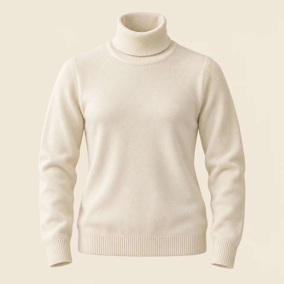ivory fine-knit long-sleeve turtleneck sweater, shown as if worn