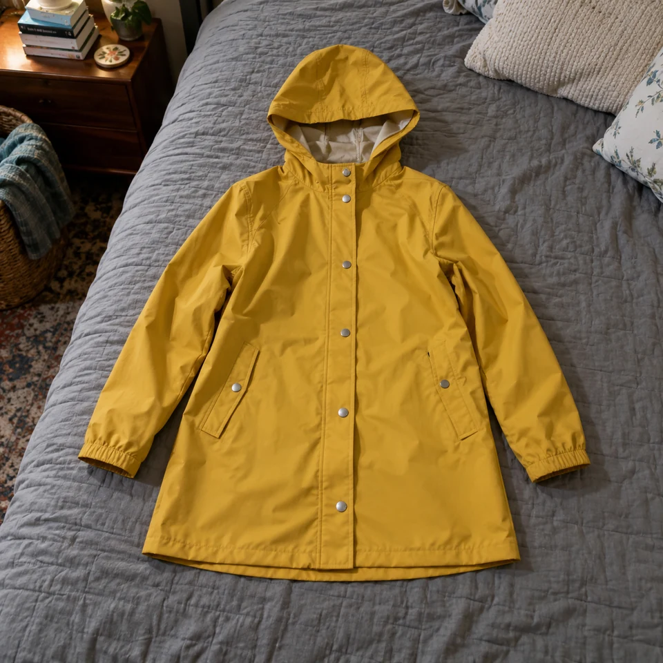 mustard waterproof hooded raincoat with snap front, laid flat on a bed