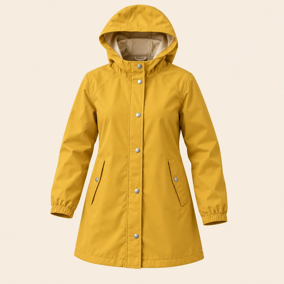 mustard waterproof hooded raincoat with snap front, shown as if worn
