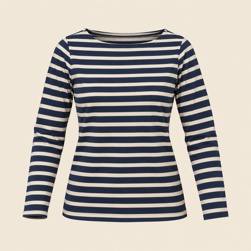 navy and cream striped long-sleeve boatneck shirt, shown as if worn