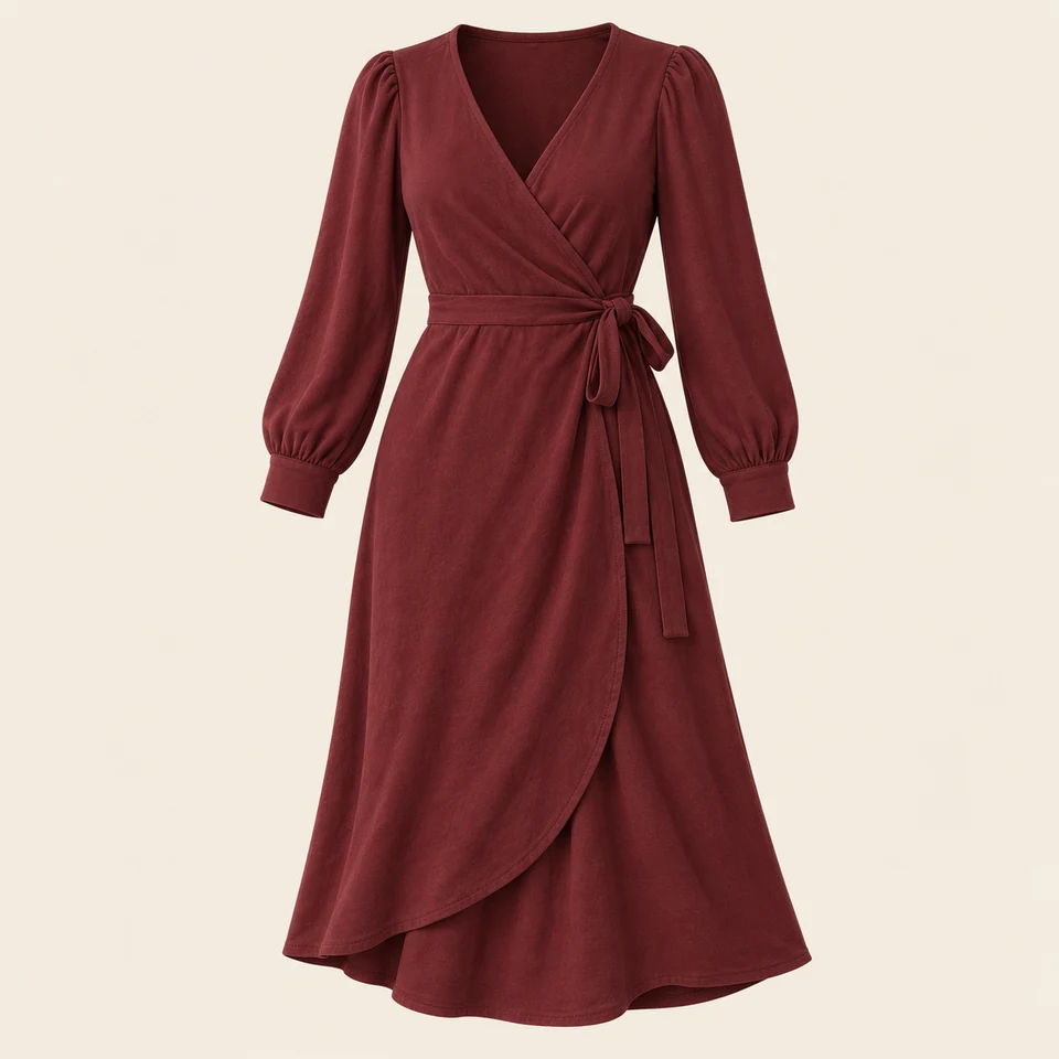 burgundy wrap midi dress with long sleeves and side waist tie, shown as if worn