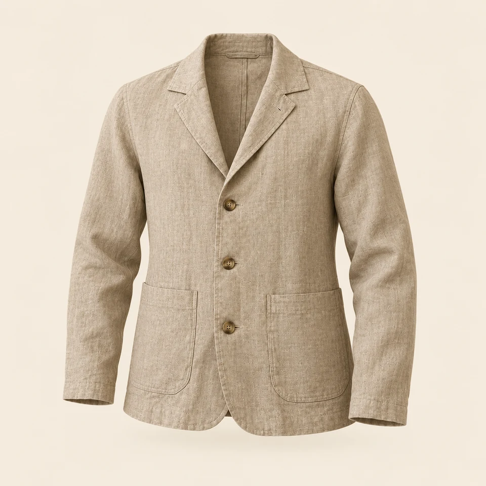 sand linen lightweight jacket with patch pockets and three buttons, shown as if worn