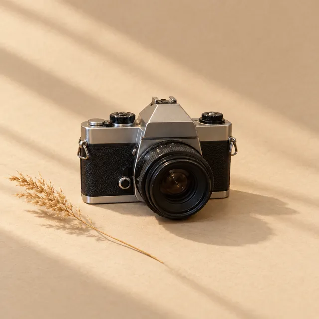 AI image of the film camera: sand paper, long window shadow, dried grass