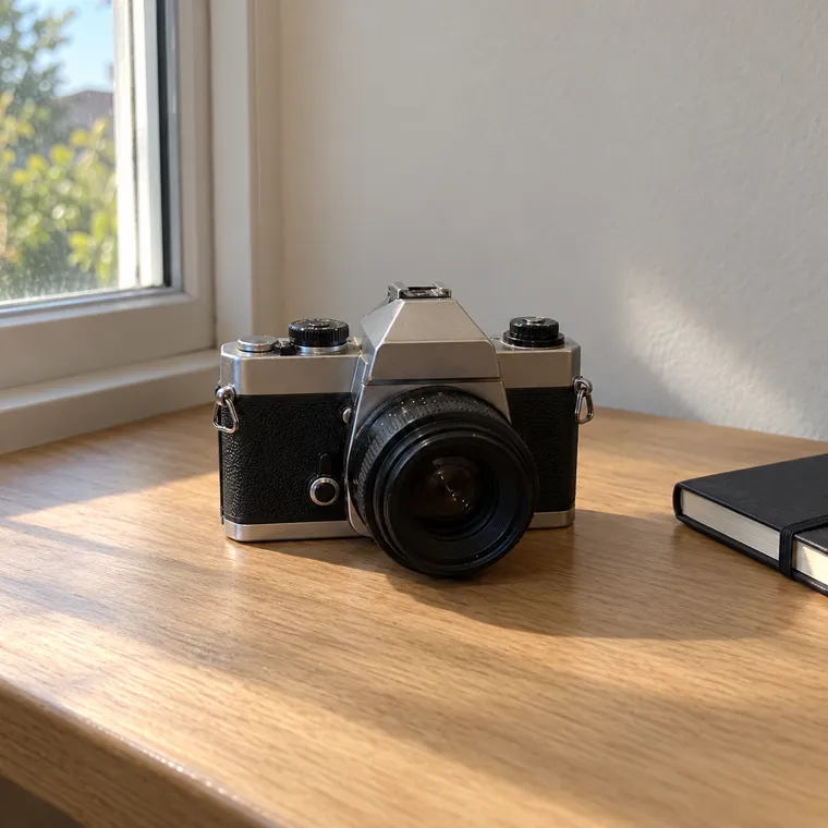 Film camera on a wooden desk by a window