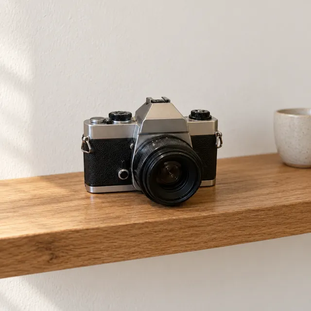 AI scene with the film camera: oak shelf