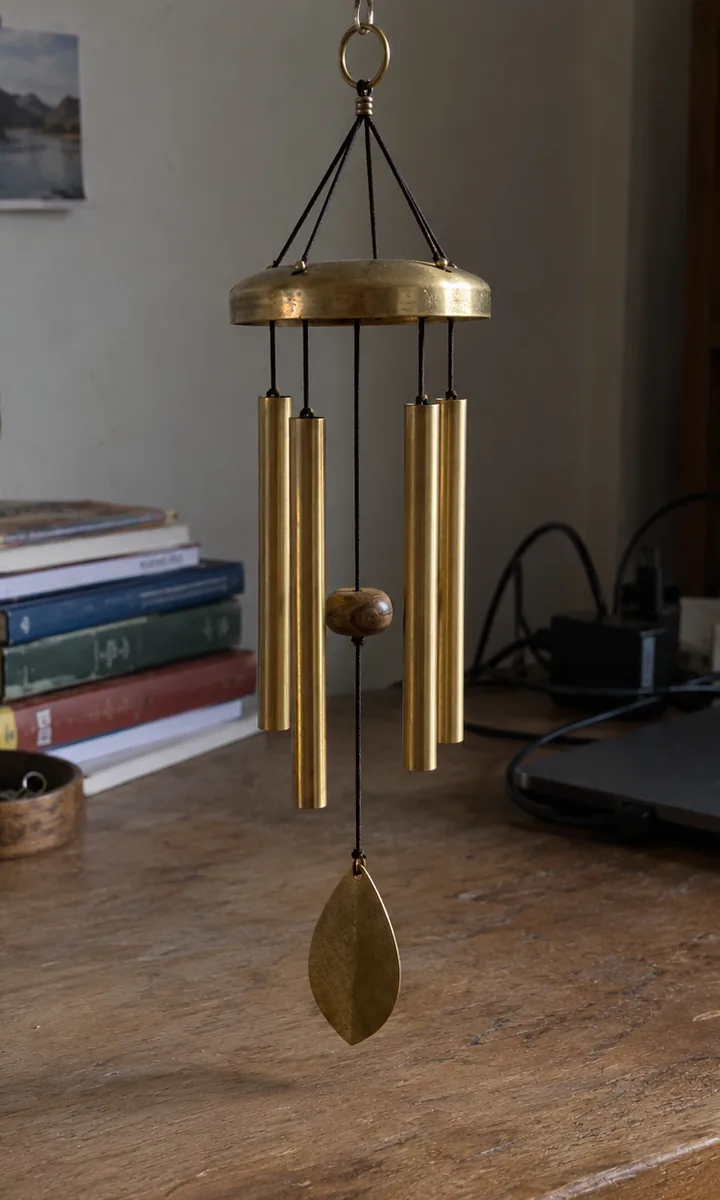 Brass wind chime hanging over a desk
