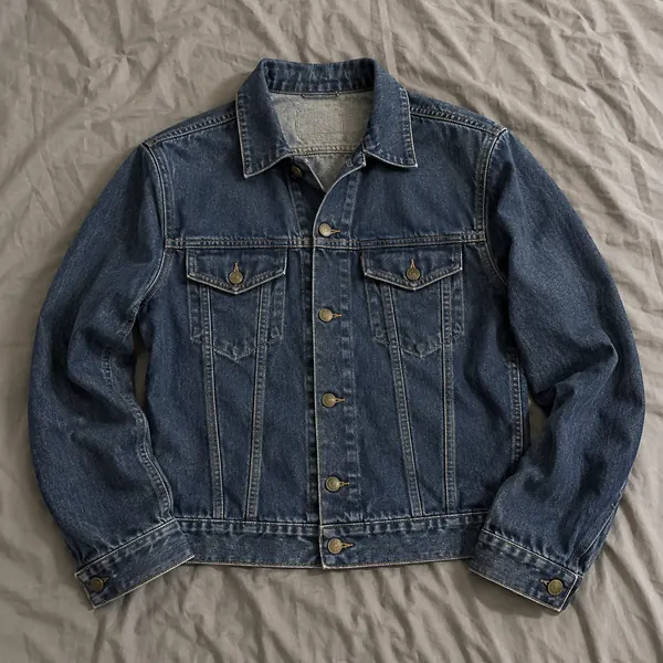 Denim jacket laid flat on a bed